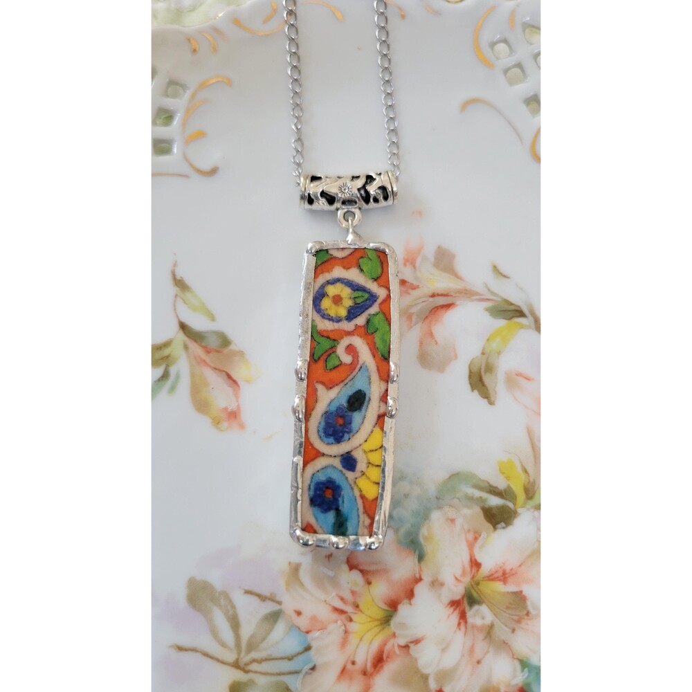Broken China Necklace, Orange Paisley Bar Pendant, Soft Soldered Jewelry